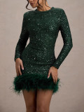Round Neck Long Sleeve Solid Color Sequin Feather Dress