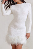Round Neck Long Sleeve Solid Color Sequin Feather Dress