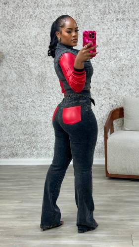 Pu Leather and Denim Patchwork Stretch Pants Set for Women