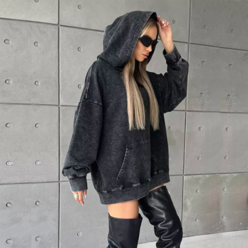 Vintage Retro Charm Wash Black Hoodie