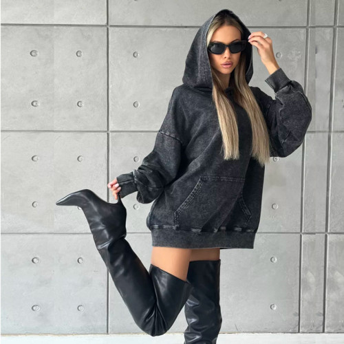 Vintage Retro Charm Wash Black Hoodie