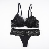 Black Lace and Gold Thread Underwire T-Back Bra and Panty Set