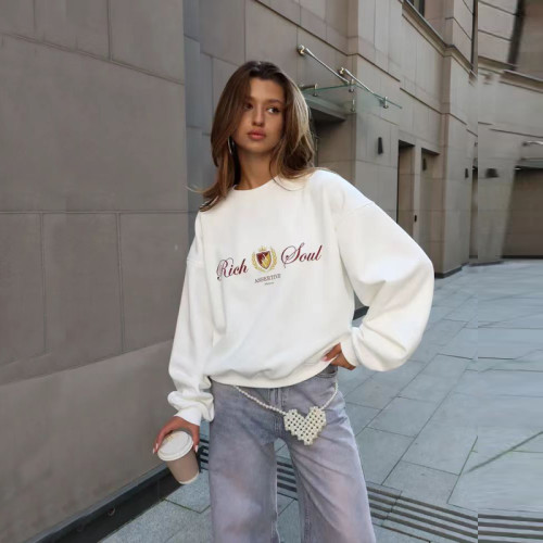 Fleece-Lined Oversized Printed Pullover Sweatshirt for Women