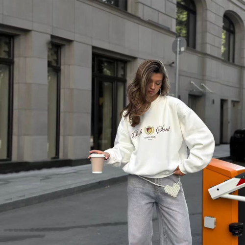 Fleece-Lined Oversized Printed Pullover Sweatshirt for Women