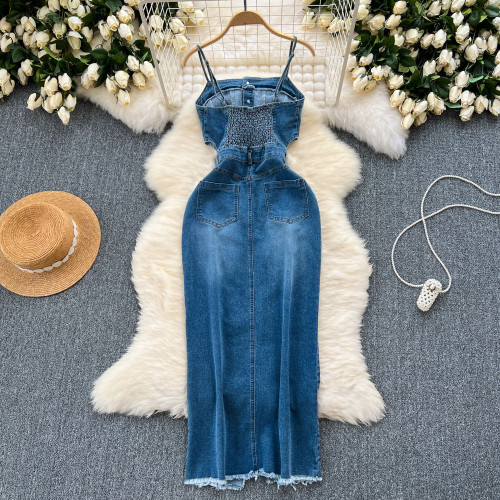 Frayed Hem Split Midi Denim Dress with Adjustable Straps