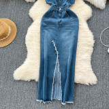 Frayed Hem Split Midi Denim Dress with Adjustable Straps
