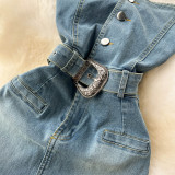 Sleeveless Strapless Waist-Cinching Bodycon Denim Dress with Side Slit