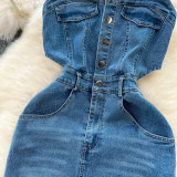 Frayed Hem Split Midi Denim Dress with Adjustable Straps