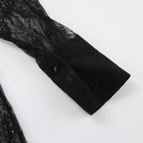 Elegant Black Lace Sheer Long Sleeve Blouse for Women
