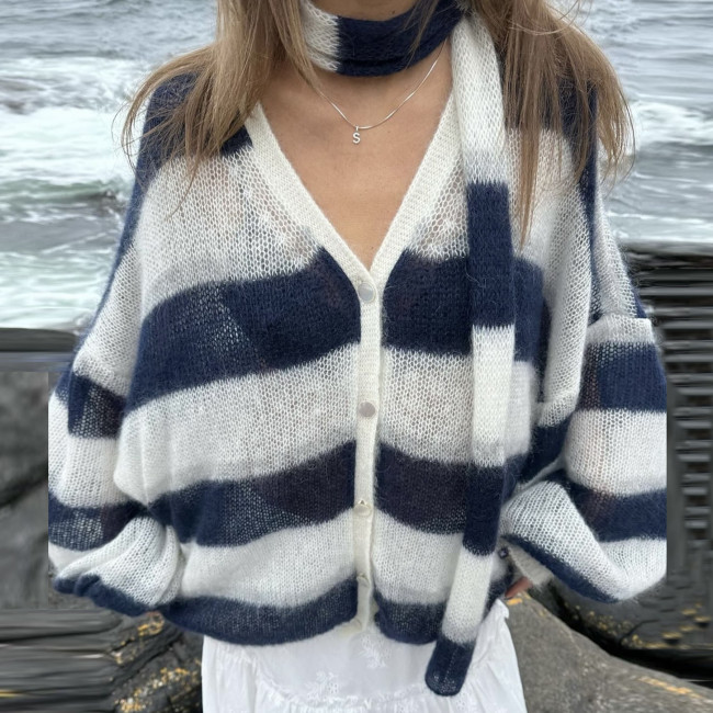 Cozy Striped Cardigan with Scarf