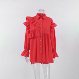Red Lace-Trimmed Cotton Shirt Dress