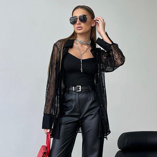 Elegant Black Lace Sheer Long Sleeve Blouse for Women
