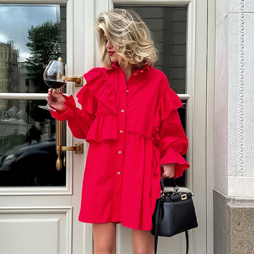 Red Lace-Trimmed Cotton Shirt Dress