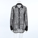 Elegant Black Lace Sheer Long Sleeve Blouse for Women