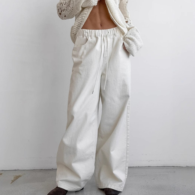 Relaxed Fit Cotton Drawstring Pants in Crisp White