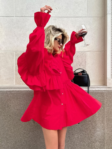 Red Lace-Trimmed Cotton Shirt Dress