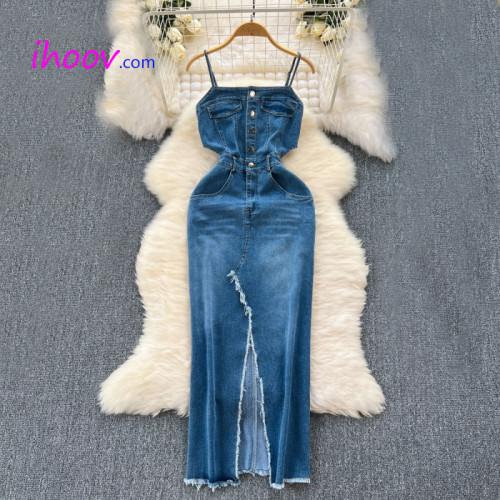 Frayed Hem Split Midi Denim Dress with Adjustable Straps