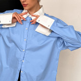 Chic Blue White Cotton Long Sleeve blouse top for Women Shirt