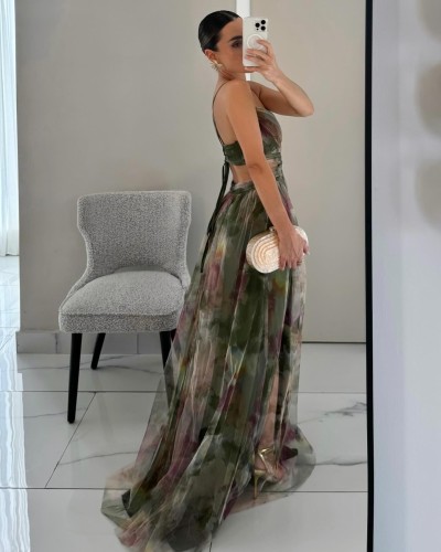 Elegant Spaghetti Strap Floral Mesh Slip Maxi Dress
