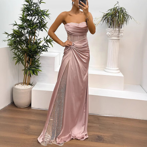 Color-Block Casual Elegance Satin Strapless Dress
