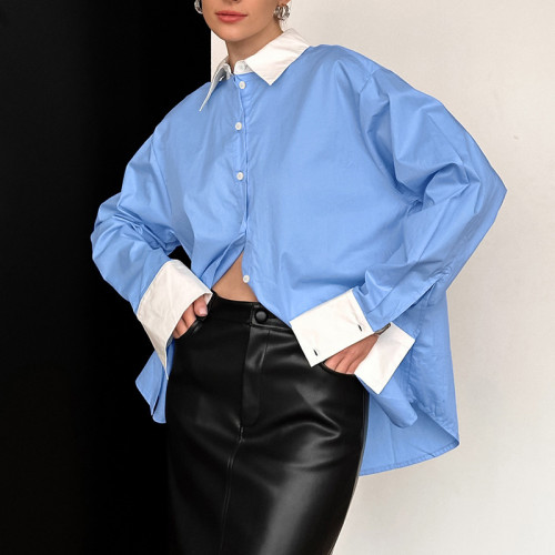 Chic Blue White Cotton Long Sleeve blouse top for Women Shirt