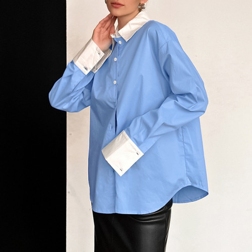 Chic Blue White Cotton Long Sleeve blouse top for Women Shirt