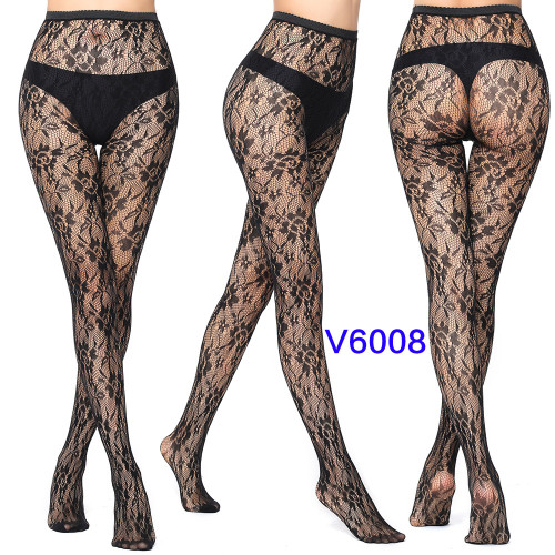 Women Vertical Stripe Hollow Lace Jacquard Basic Tights