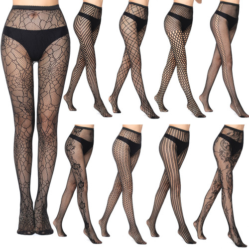 Women Vertical Stripe Hollow Lace Jacquard Basic Tights