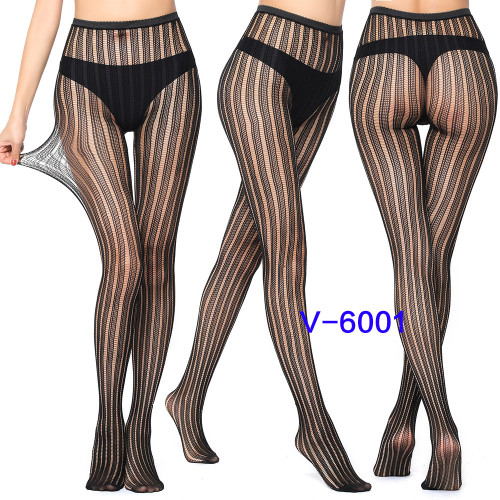 Women Vertical Stripe Hollow Lace Jacquard Basic Tights