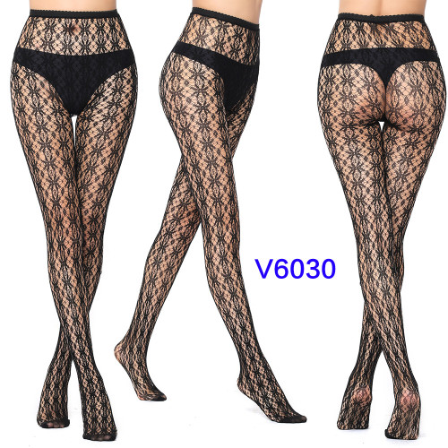 Women Vertical Stripe Hollow Lace Jacquard Basic Tights