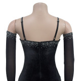 Luxurious Solid Color Velvet Strapless Rhinestone Maxi Dress