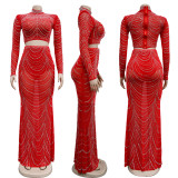 Chic Solid Color Mesh Rhinestone Long Sleeve Two-Piece Set
