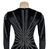 Sleek Solid Color Sexy Rhinestone Long Sleeve Maxi Dress