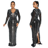 Glamorous Solid Color Rhinestone Long Sleeve Split Maxi Dress