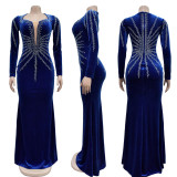 Sleek Solid Color Sexy Rhinestone Long Sleeve Maxi Dress