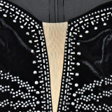 Sleek Solid Color Sexy Rhinestone Long Sleeve Maxi Dress