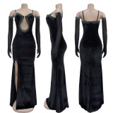 Luxurious Solid Color Velvet Strapless Rhinestone Maxi Dress