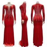 Sleek Solid Color Sexy Rhinestone Long Sleeve Maxi Dress