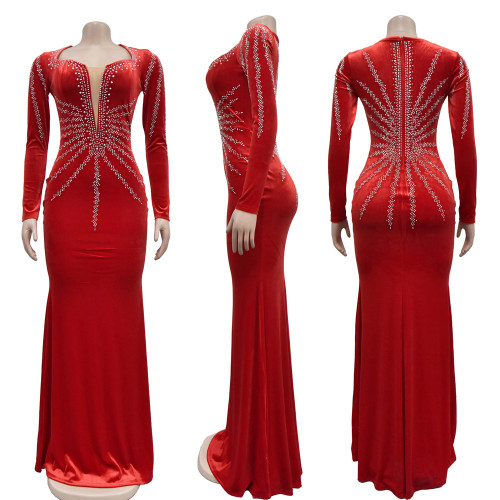 Sleek Solid Color Sexy Rhinestone Long Sleeve Maxi Dress