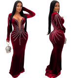 Sleek Solid Color Sexy Rhinestone Long Sleeve Maxi Dress