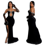 Luxurious Solid Color Velvet Strapless Rhinestone Maxi Dress
