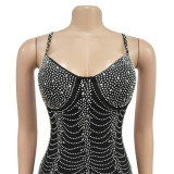 Elegant Solid Color Mesh Rhinestone Strap Maxi Dress