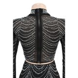 Chic Solid Color Mesh Rhinestone Long Sleeve Two-Piece Set