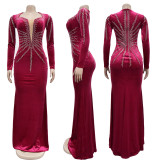 Sleek Solid Color Sexy Rhinestone Long Sleeve Maxi Dress