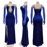 Luxurious Solid Color Velvet Strapless Rhinestone Maxi Dress