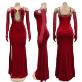 Luxurious Solid Color Velvet Strapless Rhinestone Maxi Dress
