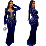 Sleek Solid Color Sexy Rhinestone Long Sleeve Maxi Dress