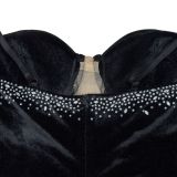 Luxurious Solid Color Velvet Strapless Rhinestone Maxi Dress