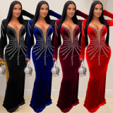 Sleek Solid Color Sexy Rhinestone Long Sleeve Maxi Dress