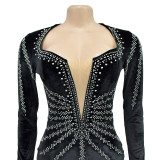 Sleek Solid Color Sexy Rhinestone Long Sleeve Maxi Dress